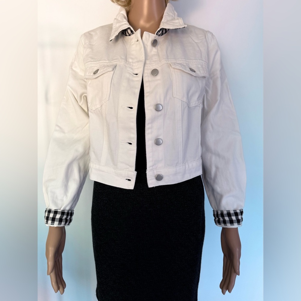 Allegra K Women's White Denim Cropped Jean Jacket Plaid Trim Sz M New with Tags